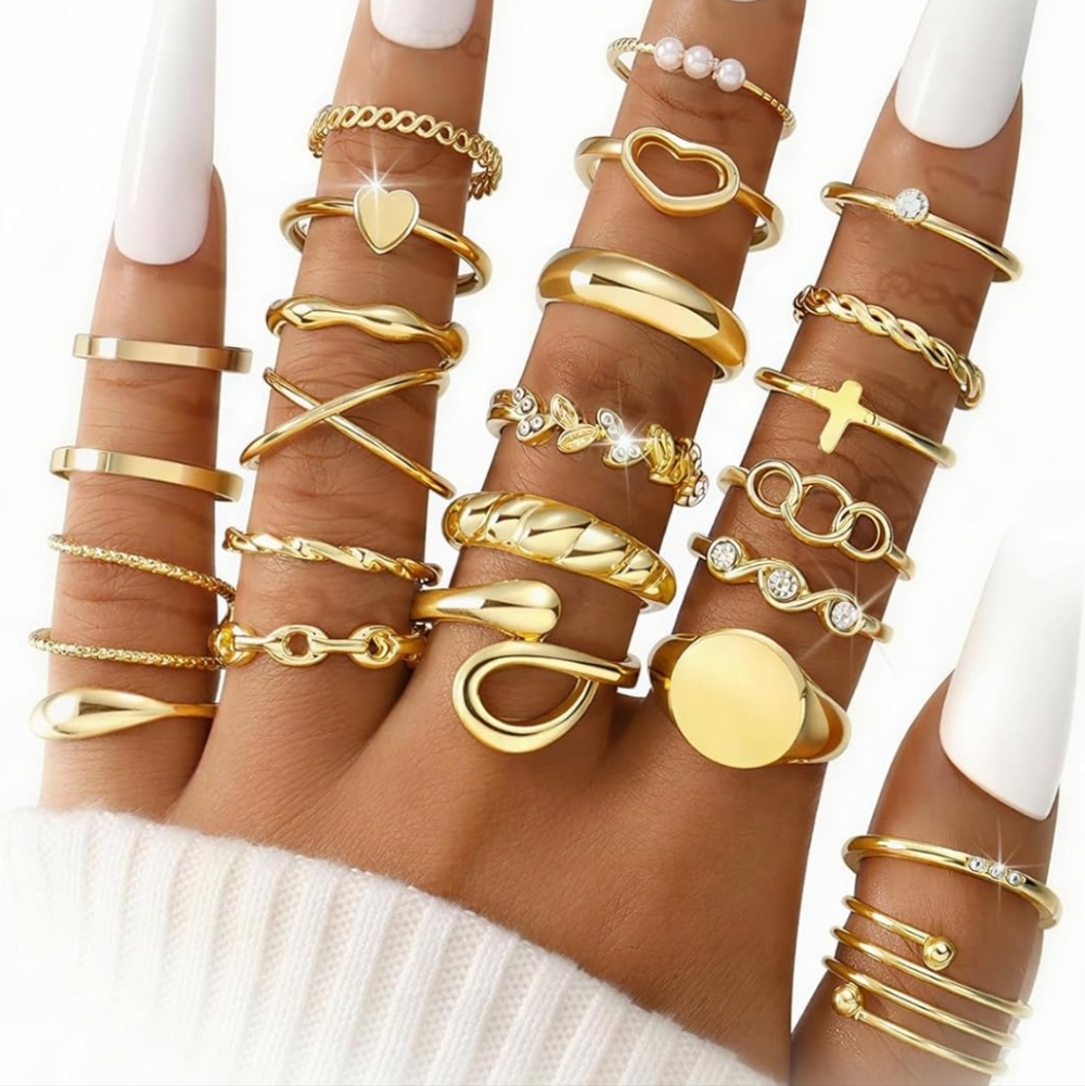 Gold Stackable Women's Ring Set - Elegant Mixed B… - image 1